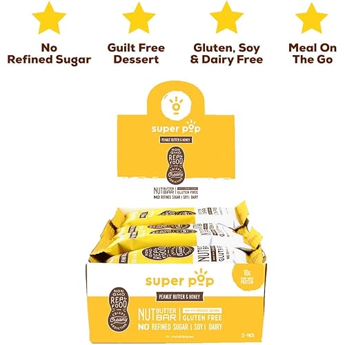 Super Pop Snacks, Clean Plant Based Protein Bars, ​All-Natural Peanut Butter Bars with Organic Whole Foods, ​Low Sugar, Gluten Free, Soy and Dairy Free, 10g Protein, Peanut Butter & Honey 12 pack