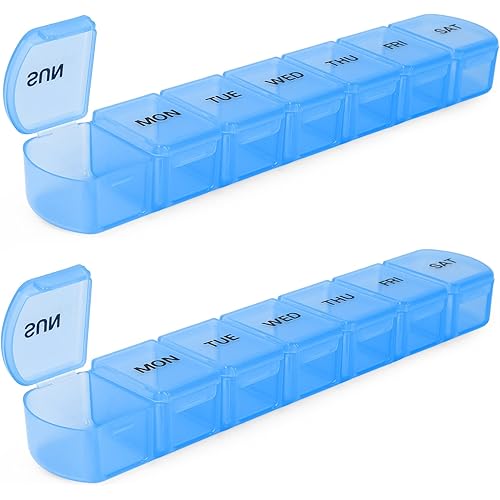 Large Weekly Pill Organizer 2 Pack,BPA Free Vitamin Case Box 7 Day with XL Compartment,Travel Friendly Medicine Organizer for Fish Oils Medicine Supplements Blue