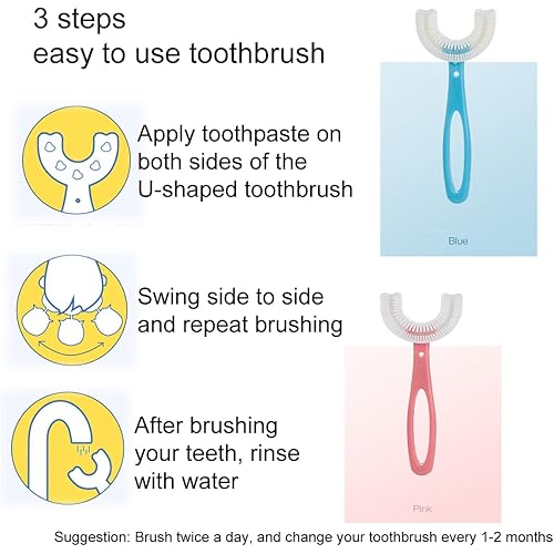 2 PCS U-Shaped Kids Toothbrush, Soft Manual Training Toothbrush for Kids 6-12 Years Pink Blue