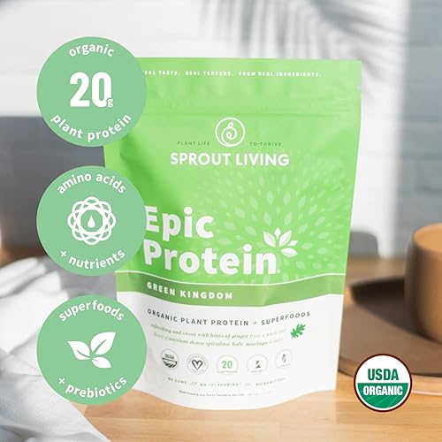 Sprout Living's Epic Protein, Plant Based Protein & Superfoods Powder, Green Kingdom | 20 Grams Organic Protein Powder, Greens, Vegan, Non Dairy, Non-GMO, Gluten Free, Low Sugar 1 Pound, 12 Servings