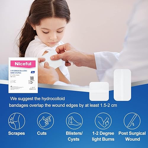 Niceful 10 Pack Hydrocolloid Bandages, 2"x2" Adhesive Hydrocolloid Dressing Extra Thin for Light Exudate, Sterile Waterproof Wound Dressing, Highly Absorbent Bed Sore Bandages Faster Healing