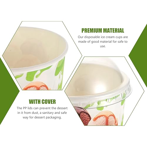 Cabilock 100Sets Paper Ice Cream Cups with Lids Disposable Paper Dessert Pudding Bowls Party Supplies for Sundae Frozen Yogurt Soup