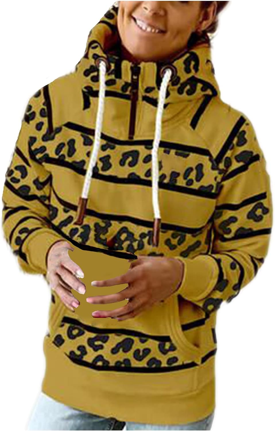 Wirziis Women's Leopard Print Hoodie Sweatshirt Fall Casual Turtleneck Drawstring Slim Tunic Junior Workout Sportshirt