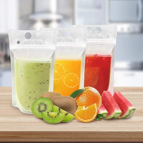 Reusable Drink Pouches with Individually Wrapped Straws for Adults Clear Drink Bags with Disposable Plastic Straws Smoothie Bags Juice Bags Reclosable Double Zipper Handheld Drink Pouches 50Pouches