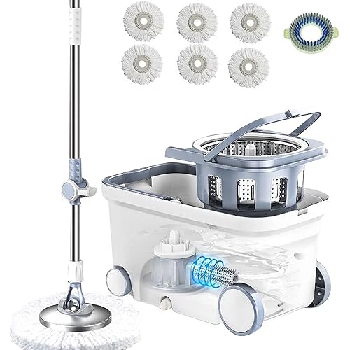 Spin Mop Bucket System Stainless Steel Deluxe 360 Spinning Mop Bucket Floor Cleaning System with 6 Microfiber Replacement Head Refills,62" Extended Handle ,4X Wheel for Home Cleaning