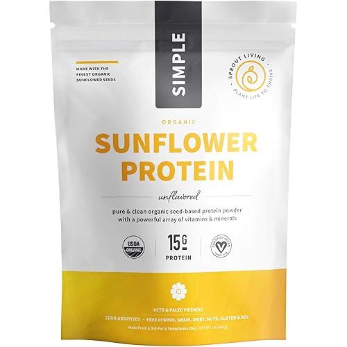 Sprout Living Simple Sunflower Seed Protein Powder, 15 Grams Organic Plant Based Protein Powder Without Artificial Sweeteners, Non Dairy, Non-GMO, Vegan, Gluten Free, Keto Drink Mix 1 Pound