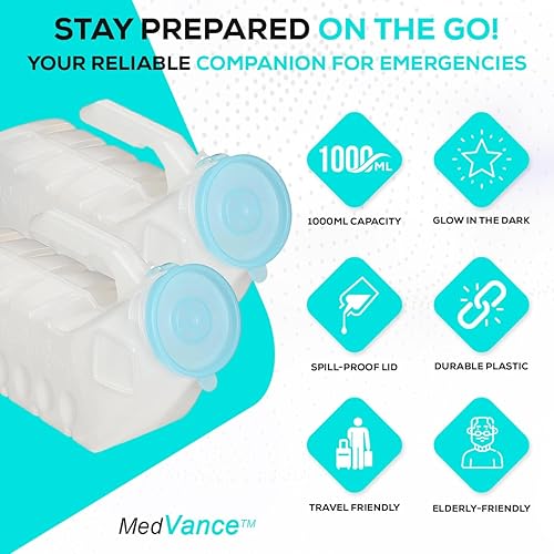 MedVance- Urinals for Men 1000ml with Glow in The Dark Spill Proof Pop Cap Lid, Plastic Pee Bottles for Men, Male Urinals, Pee Container Men, Portable Urinal for Car, Elderly & Incontinence 4 Pack