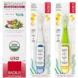 RADIUS Toddler Toothbrush and Toothpaste Bundle for Kids, 2 Pack Totz Plus Silky Soft Brush in WhiteSapphire Blue and GreenYellow and 1 Count Dragon Fruit Toothpaste, For Children 18 Months and Up