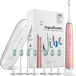 AquaSonic Vibe Series Ultra Whitening Toothbrush – ADA Accepted Electric Toothbrush - 8 Brush Heads & Travel Case - Ultra Sonic Motor & Wireless Charging - 4 Modes w Smart Timer – Satin Rose Gold