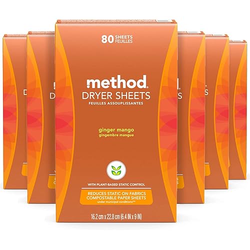 Method Dryer Sheets, Fabric Softener and Static Reducer, Compostable and Plant-Based Laundry Essentials, Ginger Mango Scent, 80 Sheets per Box, 6 Pack 480 Total Sheets, Packaging May Vary