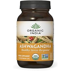 ORGANIC INDIA Ashwagandha Herbal Supplement - Vegan, Gluten-Free, Kosher, USDA Certified Organic, Non-GMO, Supports Mood, Endurance, Vitality & Strength - 90 Capsules