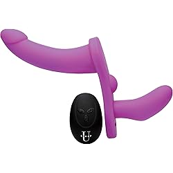 Strap U Double Take 10x Double Penetration Vibrating Strap-on Harness - Purple, Harness fits Waists up to 41 Inch Around AF864-PURPLE