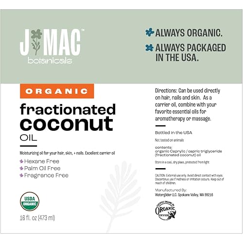 J MAC BOTANICALS Organic Fractionated Coconut Oil 16 oz Fractionated coconut oil for essential oils, Coconut Carrier oil for diluting essential oils, leave in conditioner for dry damaged hair