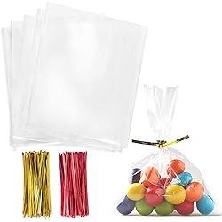 Cello Cellophane Treat Bags,5x7 Inches Clear Cellophane Bags 200 Pcs OPP Plastic Treat Bags with 200 Twist Ties for Gift Wrapping,Packaging Candies,Dessert,Bakery, Cookies, Chocolate,Party Favor
