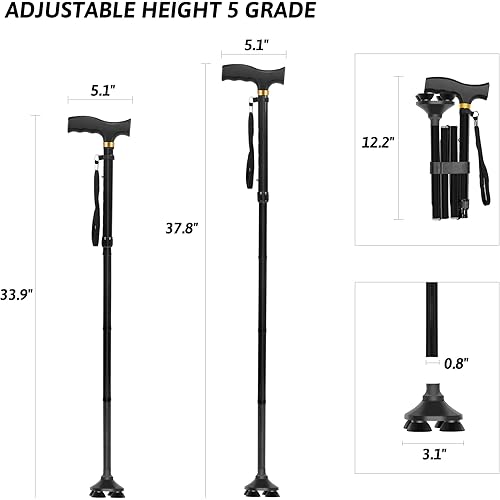 LIXIANG Walking Cane, 5-Level Height Adjustable Walking Stick for Men & Women with Comfortable Plastic T-Handle Portable Folding Walking Cane, Black