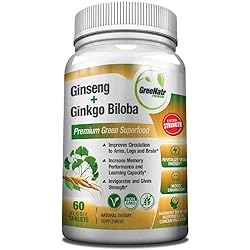 Panax Ginseng Ginkgo Biloba Tablets - Premium Non-GMOVeggie Superfood - Traditional Energy Booster and Brain Sharpener - Unique Twin Supplement Combines Ginseng and Ginkgo Biloba 60 Veggie Tablets