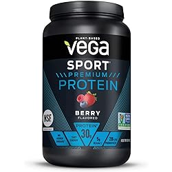 Vega Sport Premium Protein Powder, Berry, Vegan, 30g Plant Based Protein, 5g BCAAs, Low Carb, Keto, Dairy Free, Gluten Free, Non GMO, Pea Protein for Women and Men, 1.8 Pounds 19 Servings