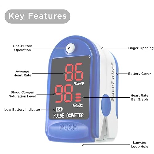 FaceLake ® FL400 Pulse Oximeter Fingertip with Carrying Case, Batteries, Lanyard, and Blue