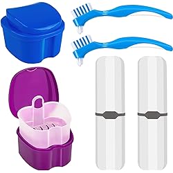 Denture Case Kit, 2 Denture Cup with 2 Denture Brush & 2 Portable Brush Box, Denture Bath Cup with Strainer & Lid for Travel, Storage Soak Container Retainer Cleaner Blue & Purple