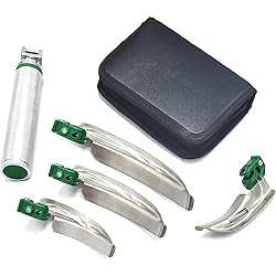 AAProTools Airway Intubation Kit - 4 Curved Blades 1 Handle with Green Cool Light Source 1st Responder kit