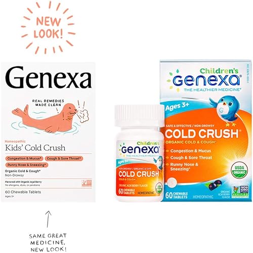 Genexa Kids’ Cold Crush - 60 Tablets - Kids’ Cough & Cold Remedy - Certified Vegan, Organic, Gluten Free & Non-GMO - Homeopathic Remedies