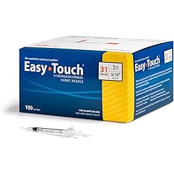 EasyTouch U-100 Insulin Syringe with Needle, 31G 0.3cc 516-Inch 8mm, Box of 100