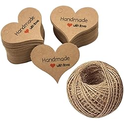 Handmade with Love Mini Gift Paper Tags, 200 pcs Heart-Shaped Brown Gift Labels with 99 ft Natural Jute Twin, Kindness for Gift Wrap, Wedding Favors by Hubhnb