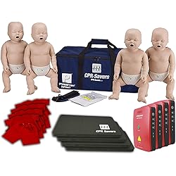 CPR Savers Training Infant 4 Pack, with 4 PRESTAN Professional Medium Skin Infant Manikins, 4 Lifesaver AED Trainers, Vests and Knee Pads