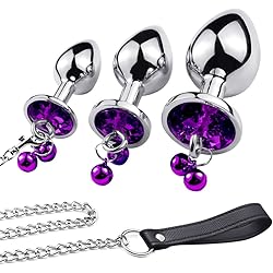 Anal Plug Trainer Kit, 3 PCS Metal Anal Butt Plugs, Jewelry Anal Trainer Toys with Bell and Traction Chain for Beginners Advanced Users Deep Purple