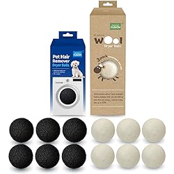 The Ultimate Laundry Softener and Pet Hair Removing Set. 6 Wool Softening Dryer Balls to Soften Clothes, Bedding and Towels And 6 Fur Removing Balls to Pull Animal and People Hair Off Clean Clothing