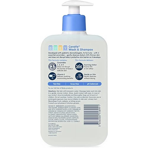 CeraVe Baby Wash & Shampoo | 2-in-1 Tear-Free Baby Wash for Baby Skin & Hair | Fragrance, Paraben, Dye, Phthalates & Sulfate Free for Baby Bath| Baby Soap with Vitamin E | 16 Ounce