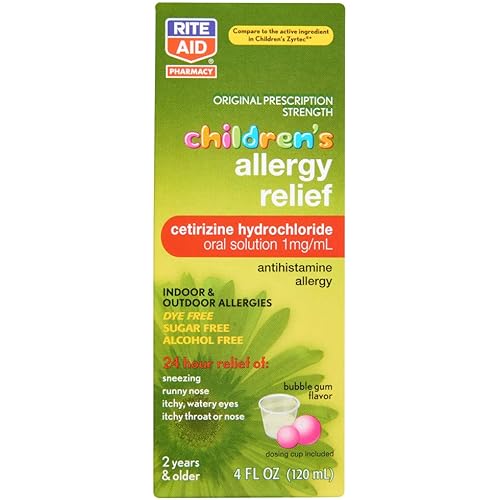 Rite Aid Children's Allergy Relief Cetirizine, Bubble Gum Flavor, 1 mg - 4 fl oz | Childrens Allergy Medicine for Kids | Sugar-Free, Dye-Free, Alcohol-Free | Child Allergy Medicine | Runny Nose Relief
