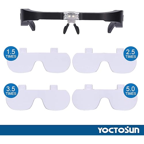 YOCTOSUN Rechargeable Magnifying Glasses, Head Magnifier Glasses with 2 LED Lights and Detachable Lenses 1.5X, 2.5X, 3.5X,5X, Best Eyeglasses Magnifier for Reading and Hobby
