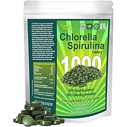 Chlorella Spirulina Cracked Cell Wall, 100% Pure & Clean, Raw Non-GMO Green Superfood, Protien Packed, by Sunlit, Best Green Organics 1000 Tablets