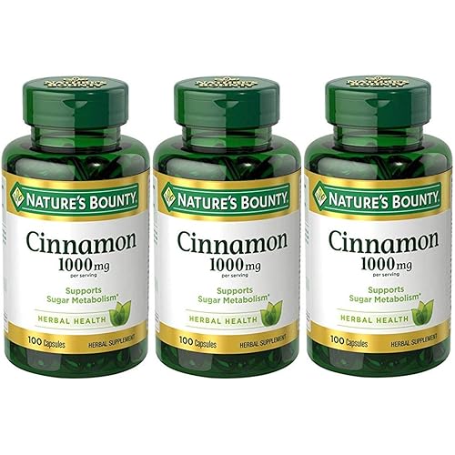 Nature's Bounty Cinnamon Herbal Supplement, Supports Sugar Metabolism, 1000 mg, 100 Count, Pack of 3