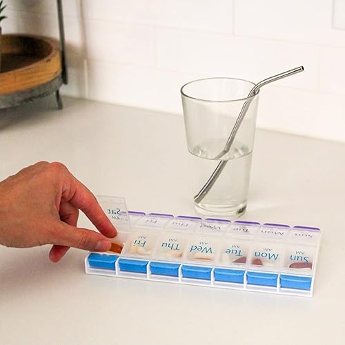 EZY DOSE Push Button 7-Day Pill, Medicine, Vitamin Organizer | Weekly, 2 Times a Day, AMPM | Large Compartments | Arthritis Friendly | Clear Lids