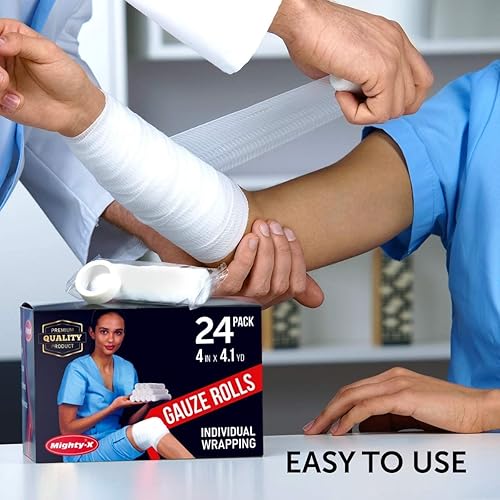 Premium Gauze Bandage Roll - 24pk Free Bonus Medical Tape - 4 inches x 4.1yards Gauze Wrap - Individually Wrapped Gauze Roll