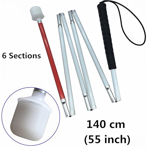 VISIONU Aluminum Mobility Folding White Cane for Vision Impaired and Blind People Folds Down 6 Sections 140cm 55 inch, Black Handle