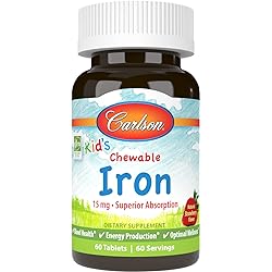 Carlson - Kid's Chewable Iron, 15 mg, Superior Absorption, Blood Health, Energy Production & Optimal Wellness, Natural Strawberry Flavor, 60 Tablets