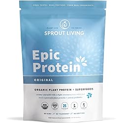 Sprout Living, Epic Protein, Plant Based Protein & Superfoods Powder, Original, Unflavored | Organic Protein Powder, Vegan, Non Dairy, Non-GMO, Gluten Free, Sugar Free, Perfect Keto Drink Mix 1 lb