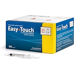 EasyTouch U-100 Insulin Syringe with Needle, 31G 0.5cc 516-Inch 8mm, Box of 100