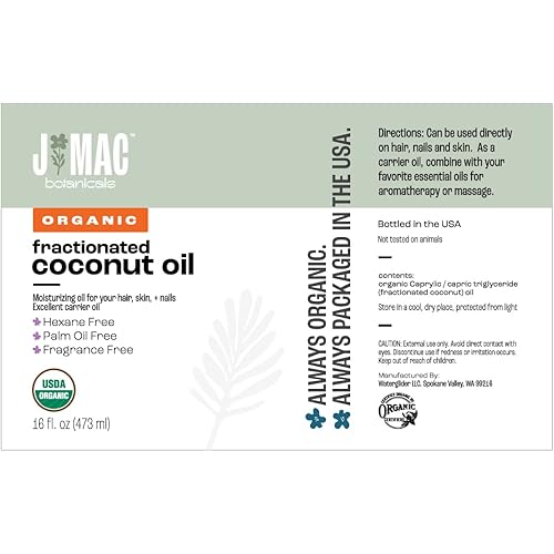 J MAC BOTANICALS Fractionated Coconut Oil 16 Ounce Glass Bottle Fractionated coconut oil for essential oils, Coconut Carrier oil for diluting essential oils, leave in conditioner for dry damaged hair, 16 Ounce