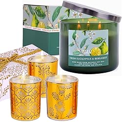 Eucalyptus Bergamot 3-Wick Candle and Gold Candle Gift Set Bundle | Mothers Day Candle Gifts, Candles for Men | Large Soy Candle, Small Candle Set | Stress Relief Gifts for Women