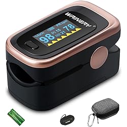 WRINERY Pulse Oximeter Fingertip, Oxygen Monitor Fingertip, Oxygen Saturation Monitor, O2 Saturation Monitor, OLED Portable Oximetry with Batteries, Lanyard Rose gold-black