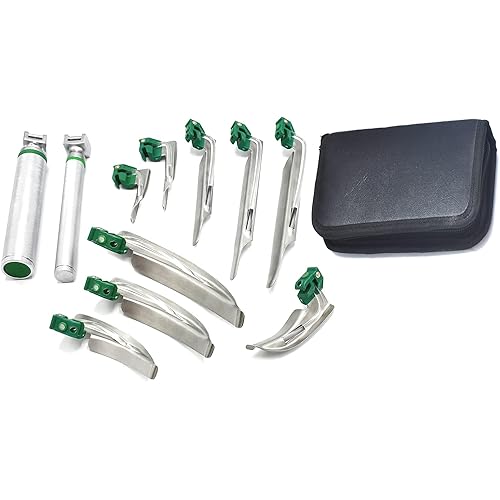 AAProTools Airway Intubation Deluxe Kit - Fiber Optic - Set of 9 Blades Straight Curved & 2 Handles Green Cool Light Source, First Responder Kit