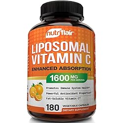 NutriFlair Liposomal Vitamin C 1600mg, 180 Capsules - High Absorption, Fat Soluble VIT C, Antioxidant Supplement, Higher Bioavailability Immune System Support & Collagen Booster, Non-GMO, Vegan Pills