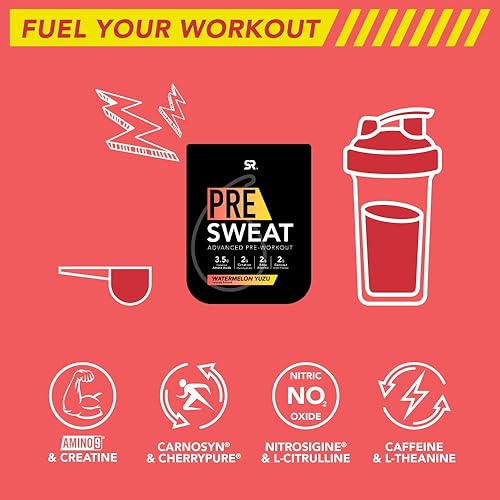 PreSweat Advanced Pre-Workout Energy Powder | 9 Essential Amino Acids, Organic Caffeine L-theanine with Creatine, Beta-Alanine, Acetyl- L-Carnitine & Tart Cherry Watermelon Yuzu 14.46 oz