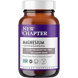 Magnesium, New Chapter Magnesium Ashwagandha Supplement, 2.5X Absorption, Muscle Recovery, Heart & Bone Health, Calm & Relaxation, Gluten Free, Non-GMO - 30 Count Pack of 1