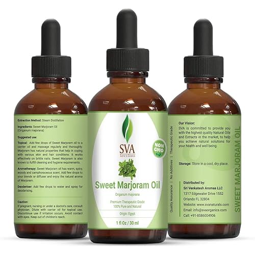 SVA Sweet Marjoram Essential Oil 30 ml 1 Fl Oz with Glass Dropper – 100% Pure, Natural, Undiluted and Therapeutic Grade, Great for Skincare, Nourished Hair, Diffuser, Aromatherapy, DIY Soap & Candle