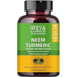 Neem Turmeric Capsules with Black Pepper Neem Herbal Supplement, Ayurvedic Herbal Cleanser, Detoxification, Enhances Skin Health and Boosts Immunity 90 Capsules